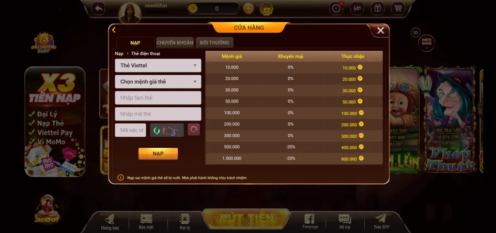 Hướng dẫn nạp tiền tại New66 4 nạp tiền thẻ điện thoại new66